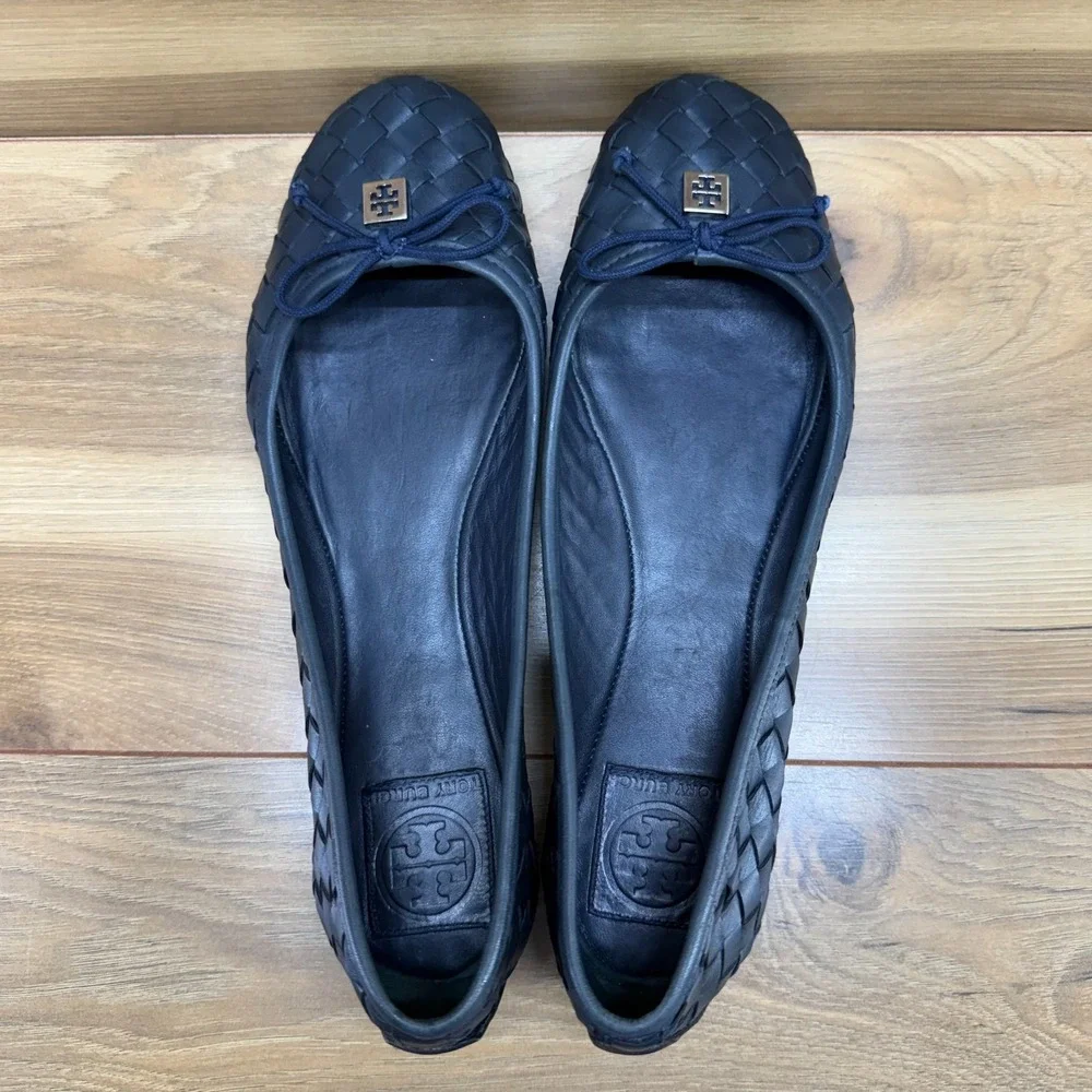 Tory Burch Woven Leather Ballet Flats 10 M Navy Blue Weave Bow Logo Office Walk